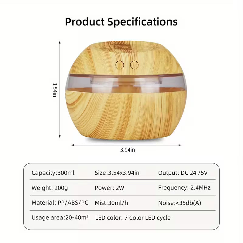 300ml / 10oz USB Humidifier & Aromatherapy Diffuser – Wood Grain Design with Touch Control & Night Light