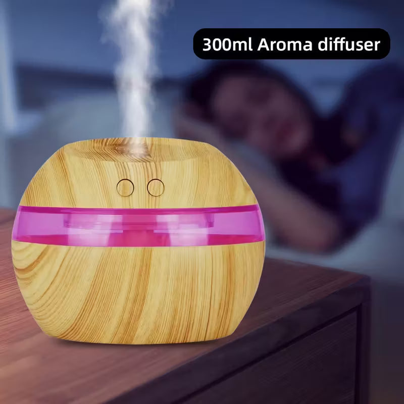300ml / 10oz USB Humidifier & Aromatherapy Diffuser – Wood Grain Design with Touch Control & Night Light