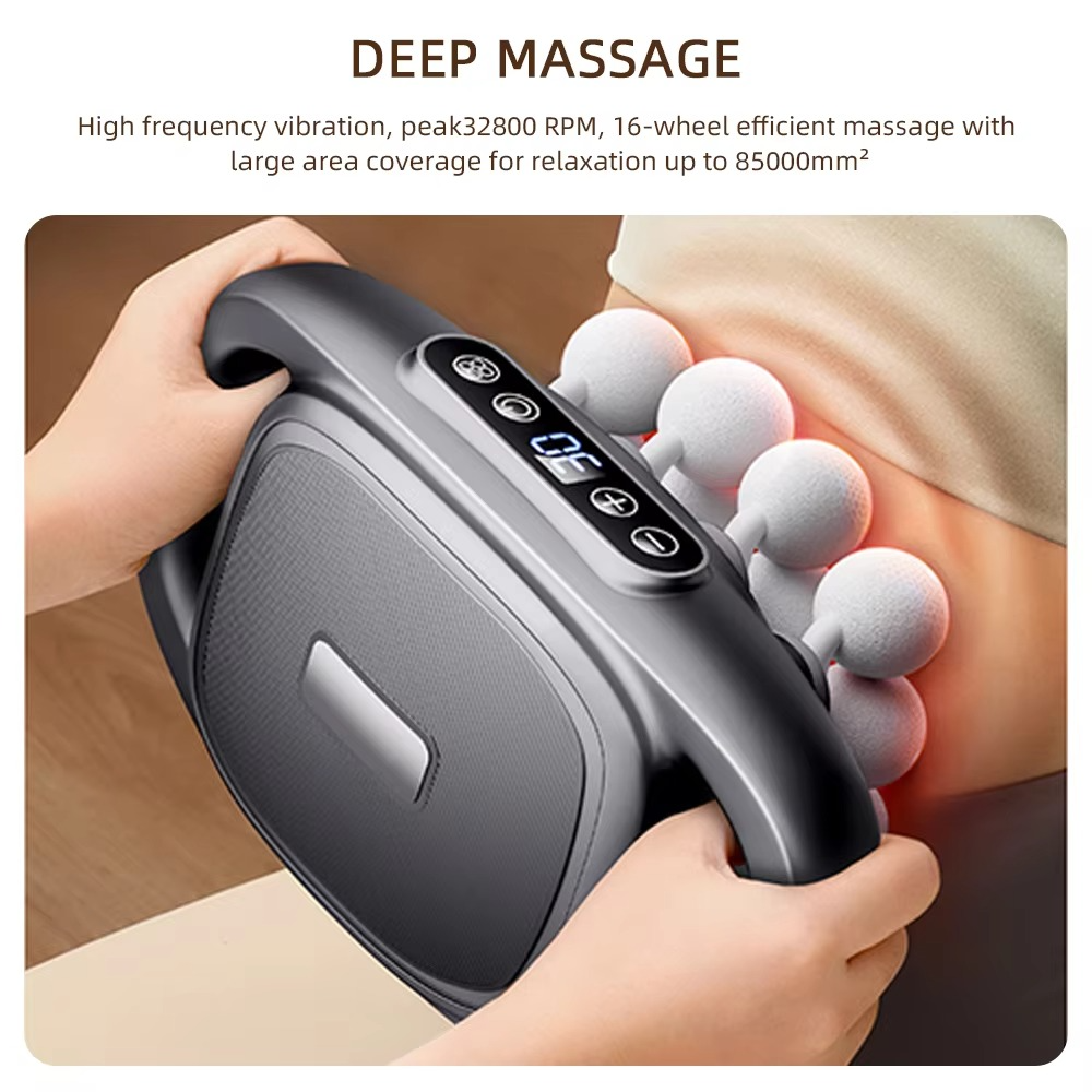 16-Head High-Frequency Fascia Massage Gun – Deep Tissue Body, Neck & Shoulder Massager with Red Light Therapy