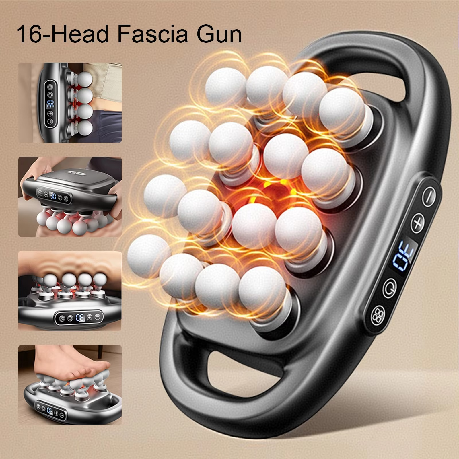 16-Head High-Frequency Fascia Massage Gun – Deep Tissue Body, Neck & Shoulder Massager with Red Light Therapy