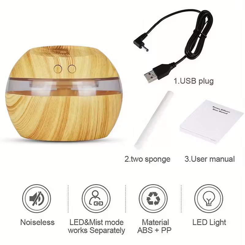 300ml / 10oz USB Humidifier & Aromatherapy Diffuser – Wood Grain Design with Touch Control & Night Light