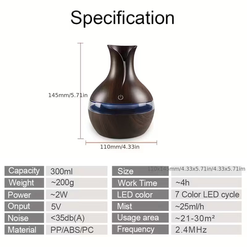 Home USB Mushroom Humidifier & Indoor Diffuser – 300ml Capacity, 7 LED Lights, Wood Grain Design