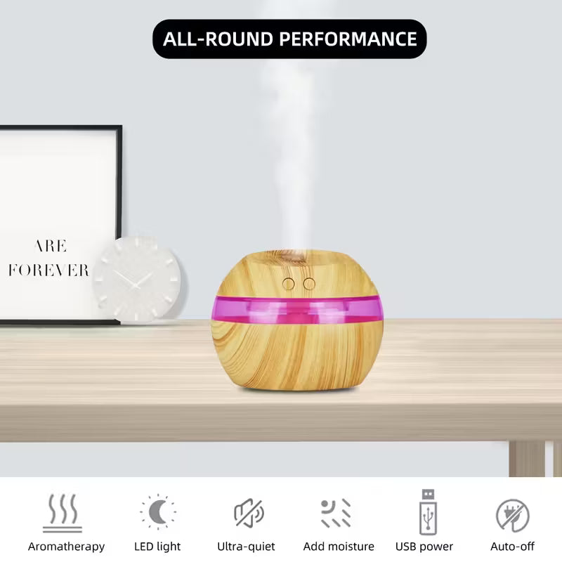 300ml / 10oz USB Humidifier & Aromatherapy Diffuser – Wood Grain Design with Touch Control & Night Light
