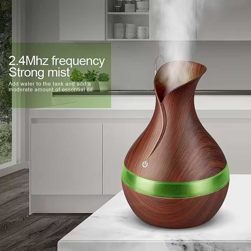 Home USB Mushroom Humidifier & Indoor Diffuser – 300ml Capacity, 7 LED Lights, Wood Grain Design